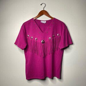 Pink western fringe v-neck blouse about a size medium made in the USA